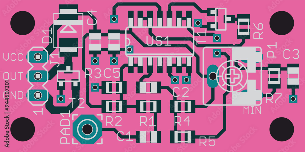 Canvas Prints Vector printed circuit board of electronic 
device with components of radio elements, 
conductors and contact pads placed on pcb. 
Engineering technical drawing.