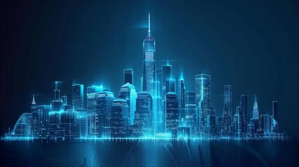 A futuristic cityscape with skyscrapers and digital data streams