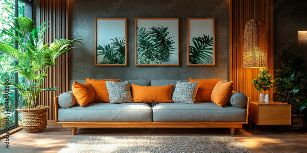 Wall mural stylish living room with a modern design featuring a grey sofa adorned with vibrant orange cushions.