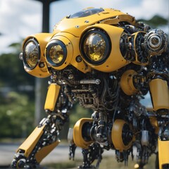 Fototapeta premium A striking yellow robot with intricate mechanical details, showcasing innovative design and advanced technology in robotics and automation.
