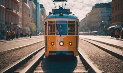 A yellow and blue tram travels down a city street, passing by buildings