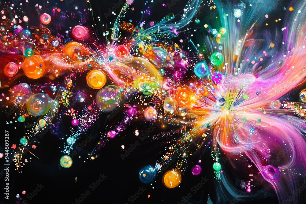 Aufkleber an explosion of vibrant colors and swirling spheres creates a mesmerizing abstract design on a deep 