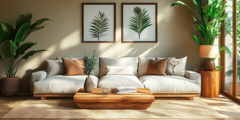 Minimalist living room with a beige sofa and wooden furniture, bathed in natural light, ideal for modern interior design, home decor branding, or eco-conscious lifestyle promotion.
