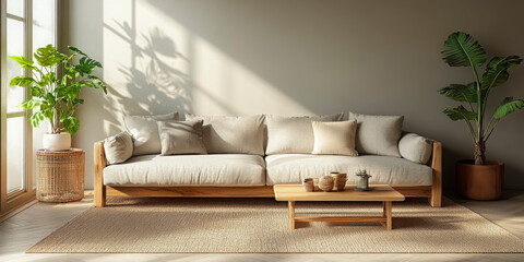 Minimalist living room with a beige sofa and wooden furniture, bathed in natural light, ideal for modern interior design, home decor branding, or eco-conscious lifestyle promotion.