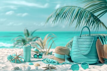 Obraz premium Straw bag and hat on the beach with blue sea and sky background. Beach scene with turquoise water, nice ocean waves, and colorful beach accessories. 