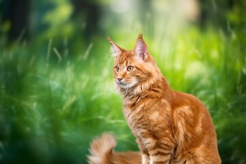 summer portrait of cat walking in garden