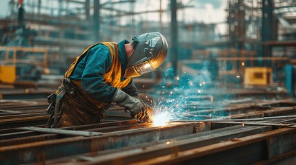 A welder in a protective helmet working on metal with sparks flying in a workshop