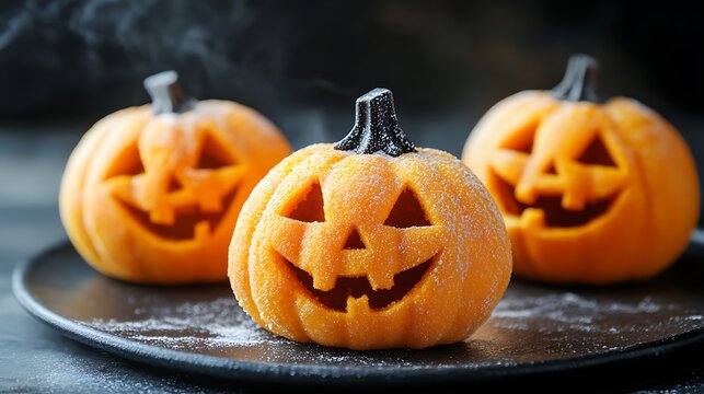 Three orange pumpkin-shaped pastries dusted with powdered sugar on a black plate. - Powered by Adobe