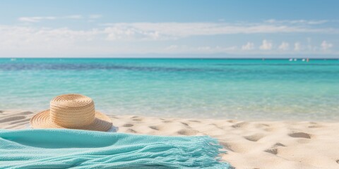 Obraz premium Straw bag and hat on the beach with blue sea and sky background. Beach scene with turquoise water, nice ocean waves, and colorful beach accessories. 