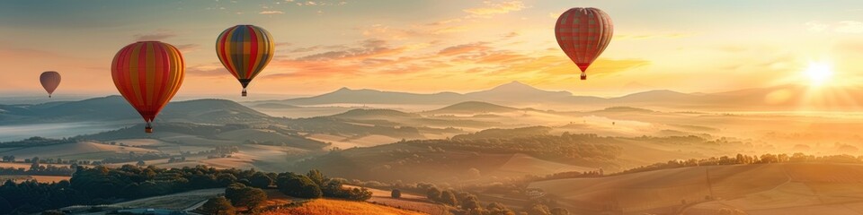 Vibrant hot air balloons floating in a clear blue sky over a colorful, blossoming field. Free copy space for banner.