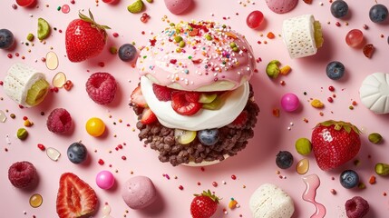 Obraz premium Pink and White Donut with Sprinkles and Fruit on Pink Background.
