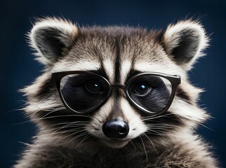 Obraz premium Raccoon in fashionable glasses in a photo studio. Vision problems. Myopia. Place for advertising text
