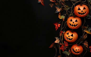 A black background with three carved jack-o-lanterns and autumn leaves on a vine extending from the right side, leaving space for text.