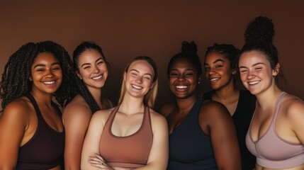 Six women smiling together in activewear against a warm brown backdrop during a fitness-themed gathering