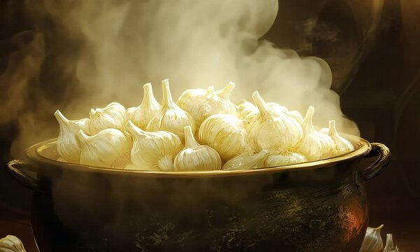 Steaming pot filled with fresh garlic bulbs with ai generated.
