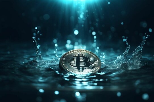 Bitcoin coin with splash of water background. Bitcoin ETF coin with space for text on a background. Bitcoin crypto currency gold BTC. Close up of Bitcoin coins isolated. Blockchain technology
