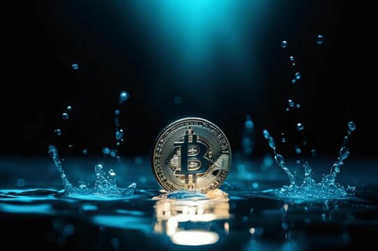 Bitcoin coin with splash of water background. Bitcoin ETF coin with space for text on a background. Bitcoin crypto currency gold BTC. Close up of Bitcoin coins isolated. Blockchain technology
