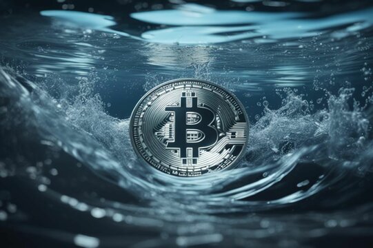 Bitcoin coin with water splash. Bitcoin ETF coin with space for text. Bitcoin cryptocurrency gold BTC. Close-up of Bitcoin coins underwater at the bottom. Blockchain technology