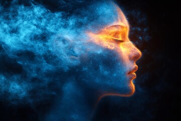 A silhouette is enveloped in vibrant blue and orange smoke, creating a captivating, emotive visual experience. Generative AI