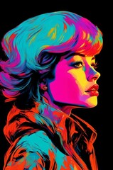 Painting of a woman with colorful hair and a colorful face. Portrait of a beautiful young woman with colorful hair. Rainbow image girl. Vibrant CMYK Illustration. Poster print