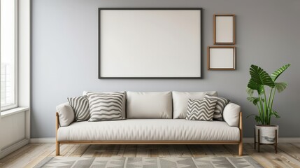 Fototapeta premium Modern living room with white sofa and grey walls.