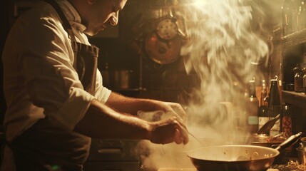 Chef stirring food in a steaming pan.