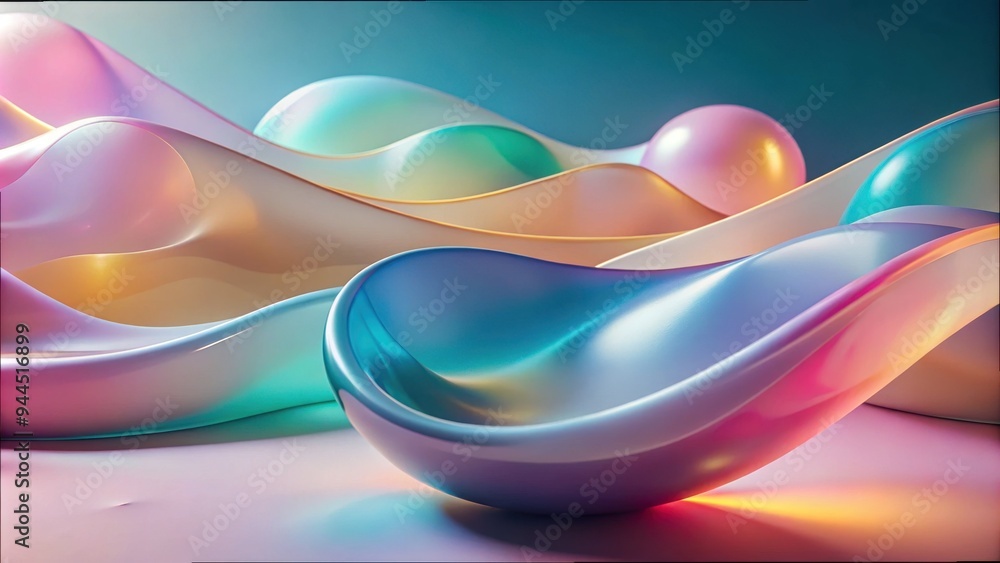 Poster flowing waves of color and light create a serene landscape of abstract forms reminiscent of a dreaml