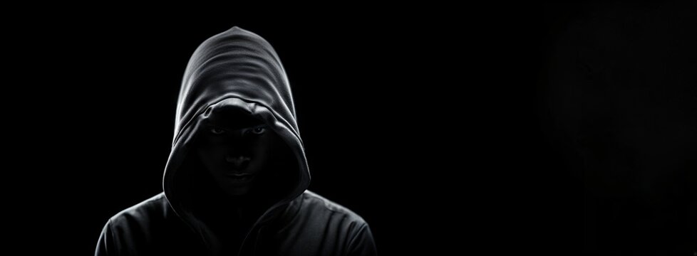 Mysterious hooded figure cloaked in darkness. Hacker no face. Hacker with laptop computer stealing confidential data, personal information and credit card detail. Hacking concept. Banner