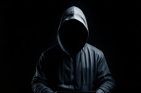 Mysterious hooded figure cloaked in darkness. Hacker no face. Hacker with laptop computer stealing confidential data, personal information and credit card detail. Hacking concept