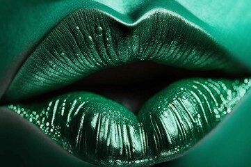 Green lips isolated on a plain background, luxury glamor art, mouth cut, green lips. Green makeup. Colorful sexy lips, green art. High fashion glamor and beauty trend
