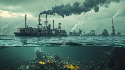 Fototapeta premium Industrial pollution darkens the ocean surface and damages the coral reef below.