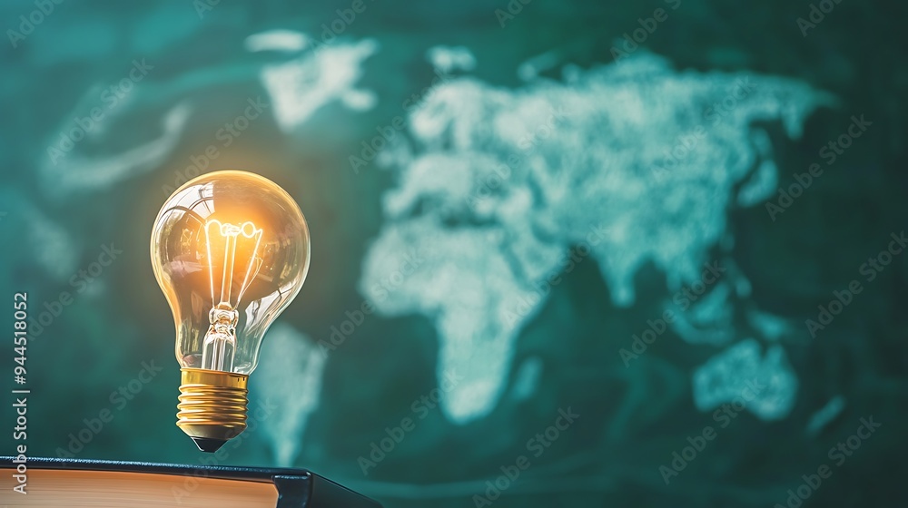 Poster a light bulb sits on a book in front of a chalkboard with a world map drawn on it, symbolizing globa