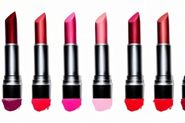 Obraz premium Lipstick sample against white background. Set of color lipsticks arranged in line isolated on white background. A rows of red, pink and wine lipstick. Set lipstick background, delicate pastel shades