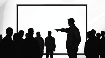 Silhouettes of people in a meeting room, one person pointing, in front of a large blank screen, monochrome style, concept of teamwork and communication, discrimination .
