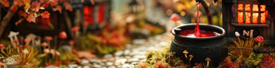 Miniature Red Halloween Potion Bubbling in Dark Cauldron for Eerie Model Village