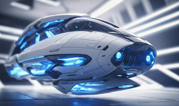 A futuristic white flying car hovers in a sleek, modern hangar