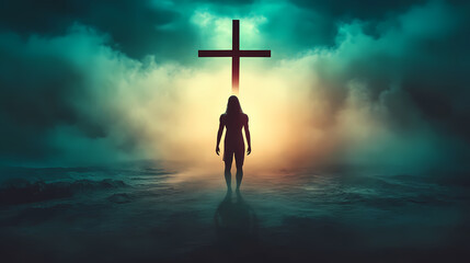 Individual stands beside a cross