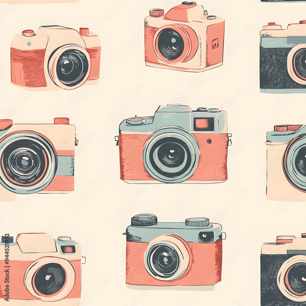 Aufkleber 92. **design a seamless pattern featuring vintage, retro-style cameras in a muted color scheme.**