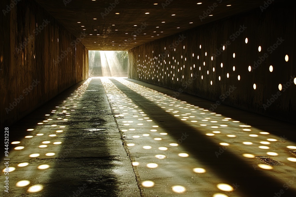 Poster bright sunlight streams through a tunnel, casting intricate shadows and creating illuminated pattern