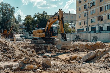 Fototapeta premium On a construction site, an excavator digs a hole, the close-up excavator bucket. Excavator working on a construction site. Heavy duty construction equipment at work.