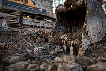 Fototapeta premium Close-up excavator bucket. On a construction site, an excavator digs a hole, the close-up excavator bucket. Excavator working on a construction site. Heavy duty construction equipment at work.