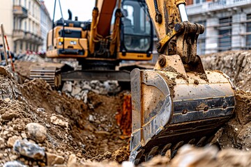 Fototapeta premium Close-up excavator bucket. On a construction site, an excavator digs a hole, the close-up excavator bucket. Excavator working on a construction site. Heavy duty construction equipment at work.