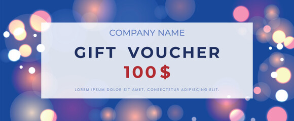 Gift certificate template on sparkling blue background. Cover for advertising.