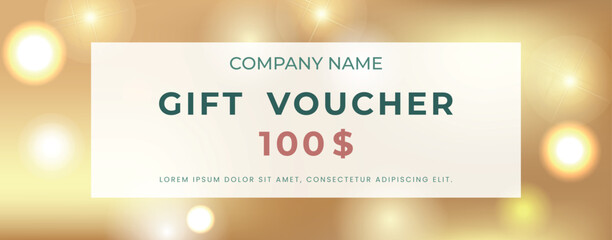 Gift certificate template on glittering gold background. Cover for advertising.