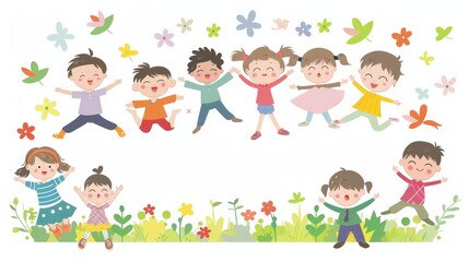Happy Children Jumping in a Garden with Flowers.