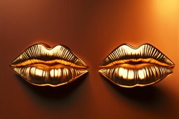 Golden two lips isolated on black background luxury glamour art mouth clipping path gild lips. Golden make up. Colorful sexy lips, golden art. High fashion glamour and beauty trend