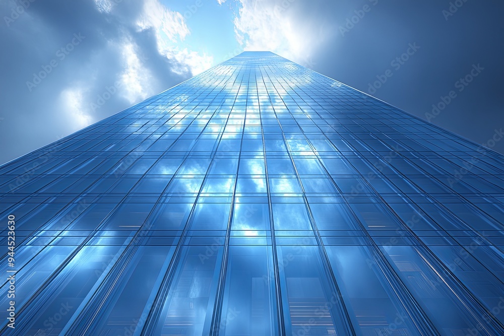 Poster a tall glass building captures the reflection of clouds, creating a stunning visual effect against t