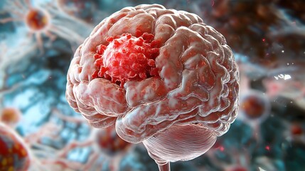A 3D illustration of a brain with a red virus cell on top, representing a viral infection or disease.
