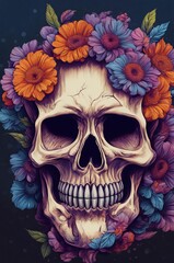 Skull with flowers and colorful style for t-shirt design. Colorful Mexican skull for Day of the Dead. Skull made entirely of vibrant flowers and leaves, with petals forming the contours of the face