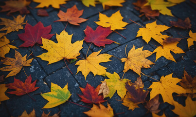 Fototapeta premium Autumn leaves of yellow, red, and orange fall on a stone path